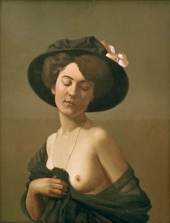 Félix Vallotton Frau mit schwarzem Hut Kunstkopie, Frau mit gesenktem Blick und dunklem Schal vor olivgrünem Grund