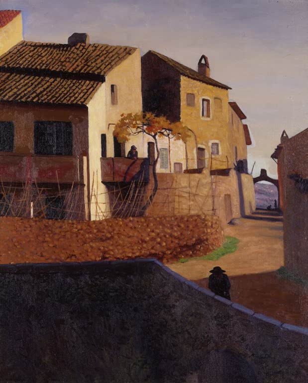 Félix Vallotton Gasse in Cagnes Kunstkopie, ockergelbe Häuser mit Balkon und Herbstbaum im warmen Abendlicht