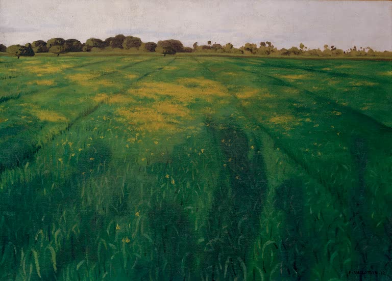 Félix Vallotton Grünes Haferfeld mit gelben Blüten Kunstkopie, weites Feld mit Baumreihe unter bewölktem Himmel