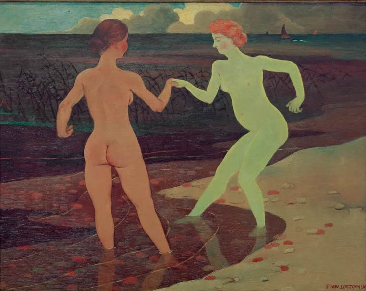 Félix Vallotton Herrin und Dienerin Kunstkopie, zwei Frauen im seichten Wasser vor dunklem Schilf und Meer mit Segelboot