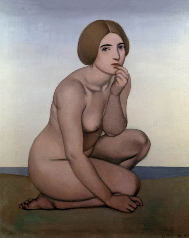 Félix Vallotton Hockende Badende Kunstkopie, kauernde nackte Frau mit nachdenklicher Geste am Meeressaum vor hellem Himmel