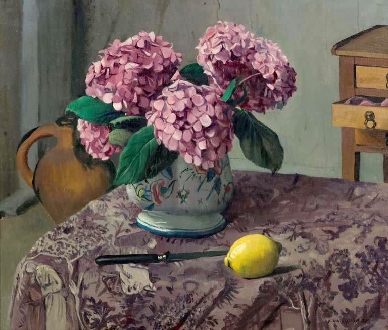 Félix Vallotton Hortensien und Zitrone Kunstkopie, rosa Hortensien in bemalter Vase mit Messer und Zitrone auf Tisch