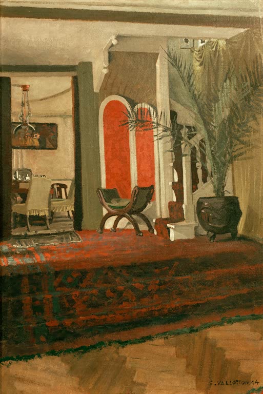 Félix Vallotton Interieur mit Salon Kunstkopie, Raum mit rotem Teppich, Palme, Klappstuhl und Blick ins Esszimmer