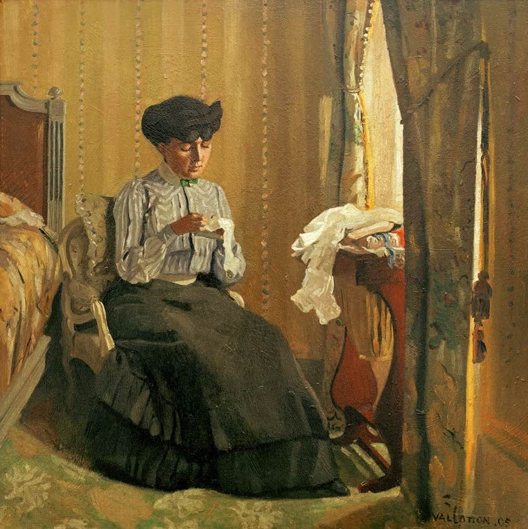Félix Vallotton Junge Näherin am Fenster Kunstkopie, Frau in dunklem Rock näht im goldgelben Zimmer neben einem Fenster