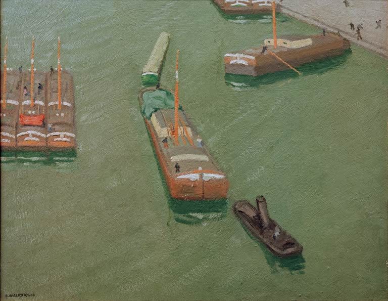 Félix Vallotton Lastkähne auf dem Ourcq-Kanal Kunstkopie, Kähne mit orangefarbenen Masten und Schlepper auf grünem Wasser