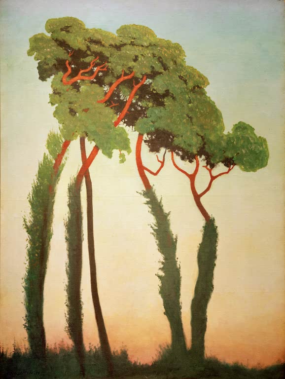 Félix Vallotton Letzte Sonnenstrahlen, Bäume im Abendlicht Kunstkopie, Bäume mit roten Ästen vor orangefarbenem Abendhimmel
