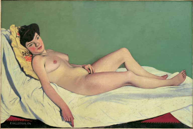Félix Vallotton Liegender Akt auf gelbem Kissen Kunstkopie, junge Frau auf weißem Laken vor grüner Wand