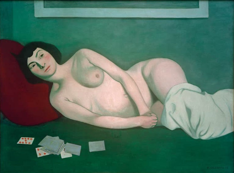Félix Vallotton Liegender Akt mit Spielkarten Kunstkopie, ruhende Frau auf rotem Kissen vor grüner Wand, Karten am Boden