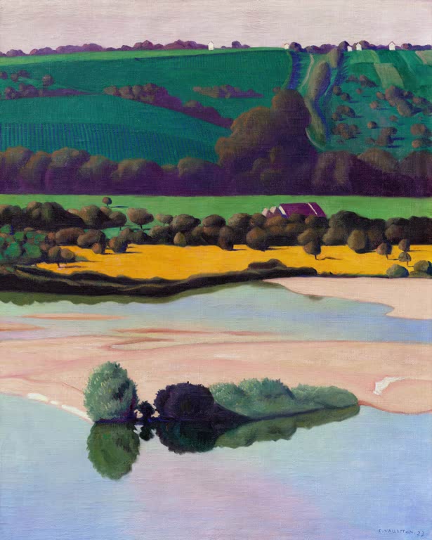 Félix Vallotton Loire-Landschaft Kunstdruck Kunstkopie, grüne Hügel, gelbes Feld und Sandbank im ruhigen Fluss