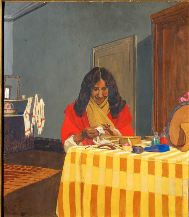 Félix Vallotton Madame Félix Vallotton Kunstkopie, Frau in rotem Umhang pflegt ihre Hände an gelb gestreiftem Tisch