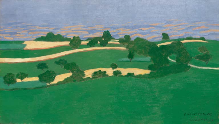 Félix Vallotton Maisfelder Kunstkopie, grüne Hügel mit gelben Feldwegen, einzelnen Bäumen und blauviolettem Abendhimmel