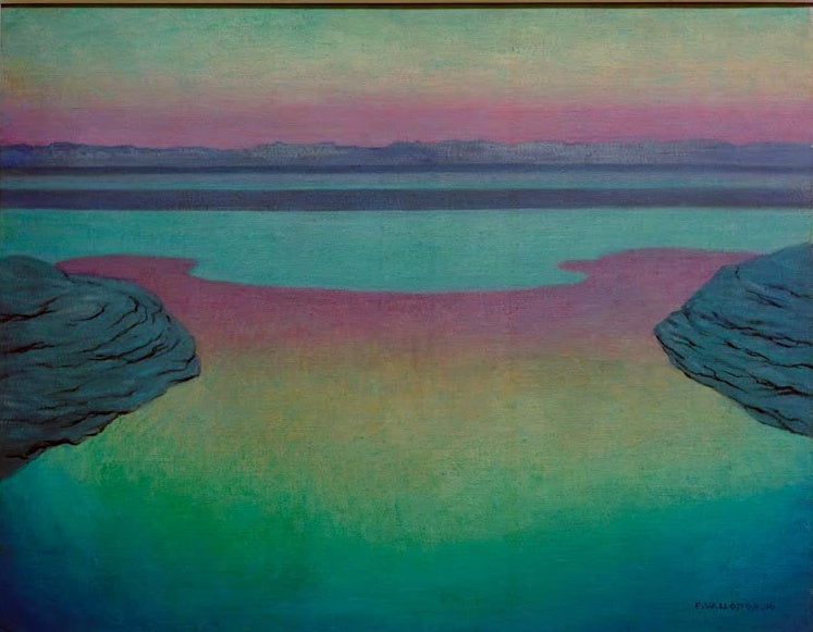 Félix Vallotton Meer bei Flut im Abendlicht Kunstkopie, türkisfarbenes Wasser und rosa Abendhimmel zwischen zwei Felsen