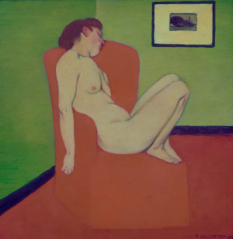 Félix Vallotton Nackte Frau, auf einem Sessel sitzend Kunstkopie, schlafende Frau in rotem Sessel vor grüner Wand