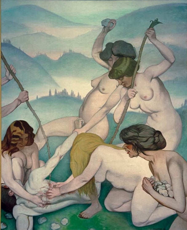 Félix Vallotton Orpheus von den Mänaden zerrissen Kunstkopie, nackte Frauen über einem Körper vor blaugrünen Hügeln