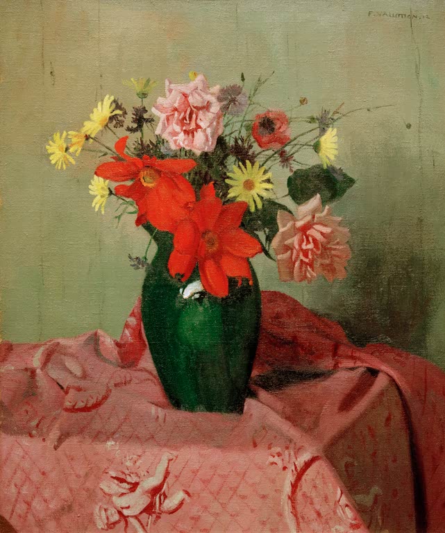 Félix Vallotton Rosen und Dahlien Kunstkopie, Strauß aus roten Dahlien, rosa Rosen und gelben Margeriten in grüner Vase