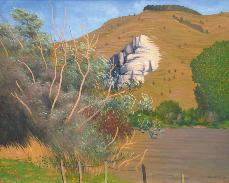 Félix Vallotton Seineufer bei Tournedos Kunstkopie, helle Felswand an goldgelbem Hang über dem ruhigen Fluss