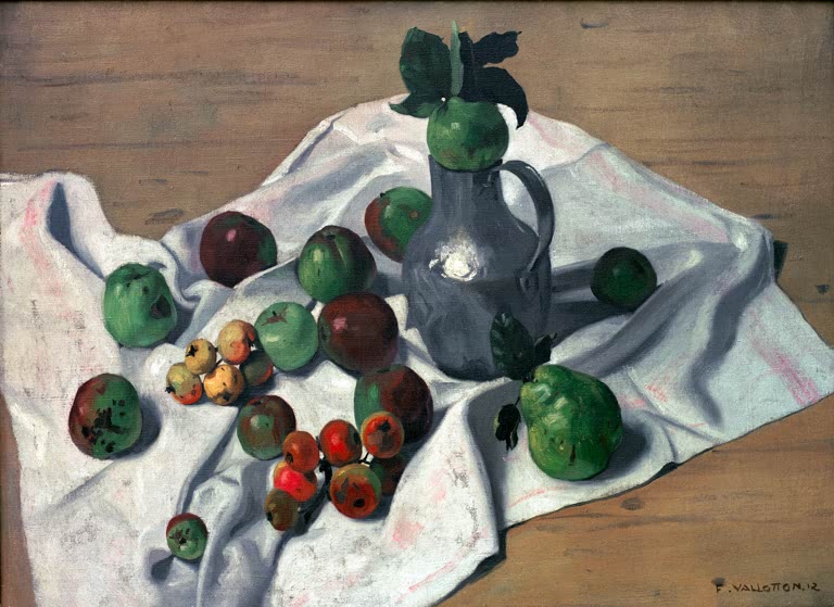 Félix Vallotton Stillleben mit Blechkrug Kunstkopie, grüne Äpfel und Quitten auf zerknittertem weißem Tuch
