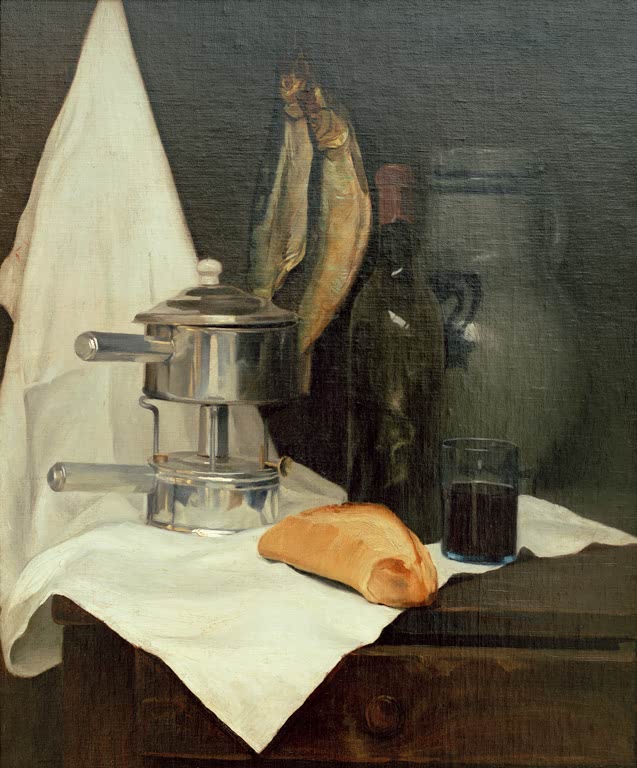 Félix Vallotton Stillleben mit Heringen Kunstkopie, Kochtopf, Weinflasche, Glas und Brot auf weißem Tuch