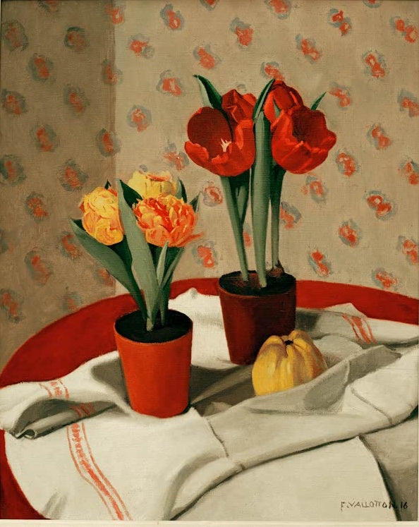 Félix Vallotton Stillleben mit zwei Töpfen gelber und roter Tulpen Kunstkopie, Blumentöpfe auf gestreiftem Leinentuch