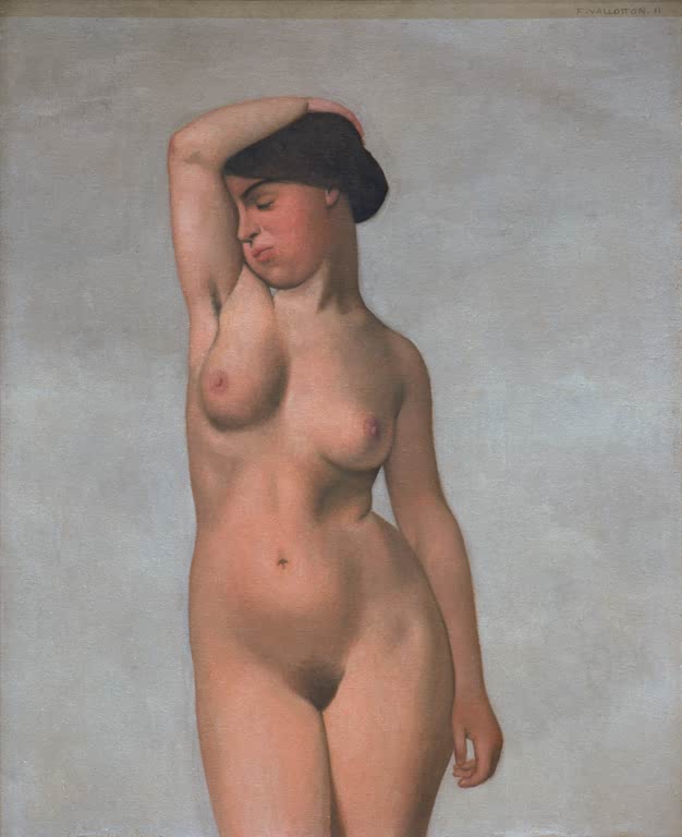 Félix Vallotton Weiblicher Akt mit erhobenem Arm Kunstkopie, stehende Frauenfigur vor hellgrauem Grund