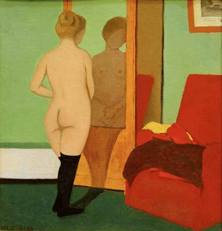 Félix Vallotton Weiblicher Akt vor Spiegelschrank Kunstkopie, Rückenansicht mit schwarzen Strümpfen neben rotem Sessel