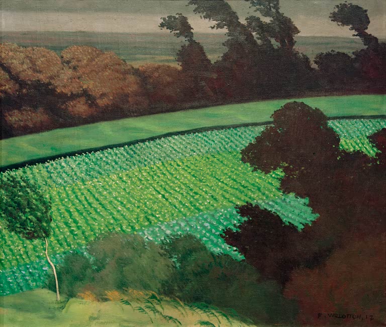 Félix Vallotton Windstoß bei Honfleur Kunstkopie, leuchtend grüne Felder unter dunklen, vom Wind gebeugten Bäumen