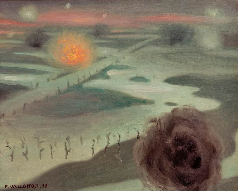 Félix Vallotton Yser Kunstkopie, blassgrüne Frontlandschaft mit orangefarbener Granatexplosion und Rauchwolke