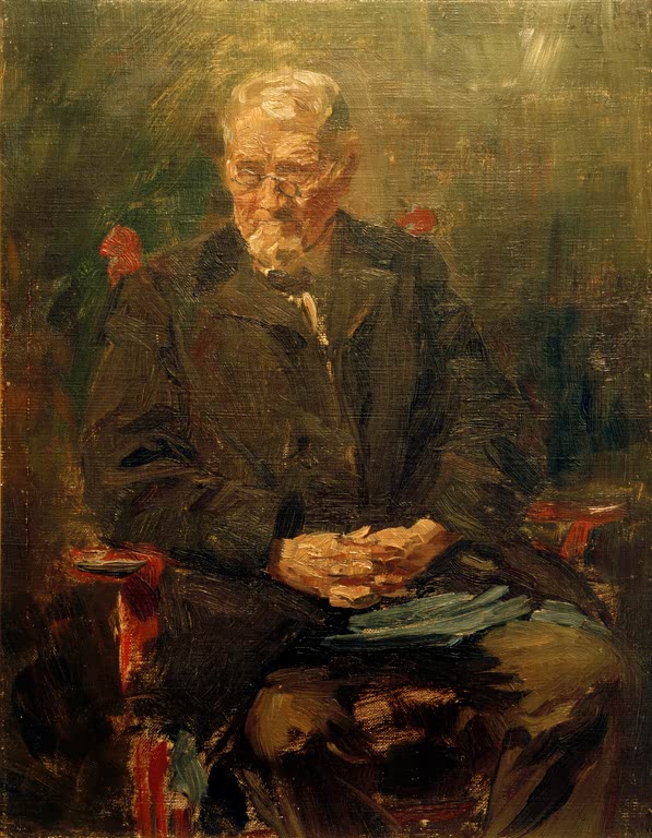 Alter Mann mit Brille und gefalteten Händen im Lehnstuhl – Ferdinand Brütt Alter Tischlermeister Reep Kunstkopie