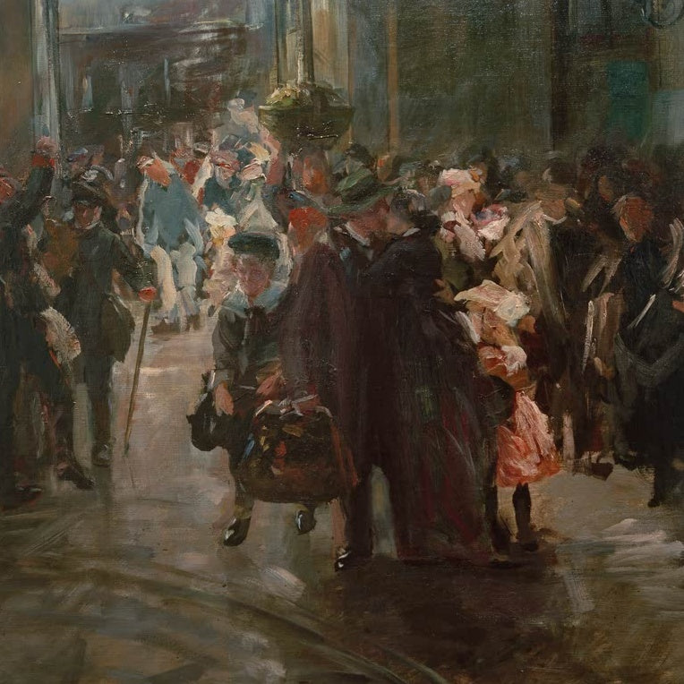 Menschengedränge mit Reisenden und Gepäck in einer Bahnhofshalle, skizzenhaft gemalt – Ferdinand Brütt Am Bahnhofe Kunstkopie