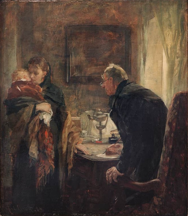 Frau mit Kind im Schal und alter Mann mit Brille an einem Tisch im Zimmer – Ferdinand Brütt Beim Pfandleiher Kunstkopie