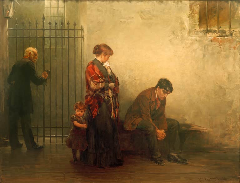 Trauernde Frau mit Kind und gesenkt sitzender Mann vor einem Gitter – Ferdinand Brütt Besuch im Gefängnis Kunstkopie
