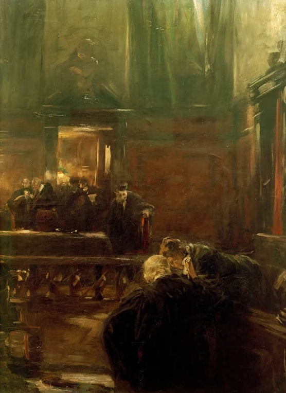 Dunkel gekleidete Männer im Gespräch am Geländer des Gerichtssaals – Ferdinand Brütt Die Stunde der Entscheidung Kunstkopie