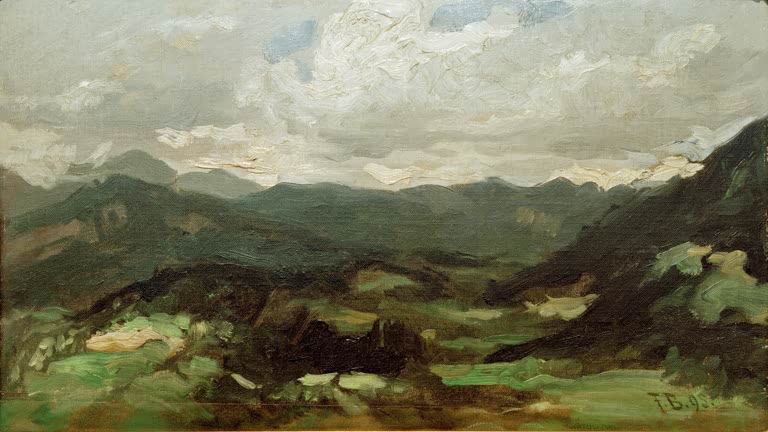 Bewölkter Himmel über grünen Bergrücken und Wiesen – Ferdinand Brütt Föhn-Stimmung Ober-Salzberg Kunstkopie