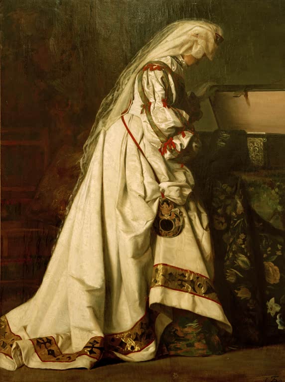 Frau in weißem Gewand mit langem Schleier an einer Truhe – Ferdinand Brütt Gewandstudie Kunstkopie