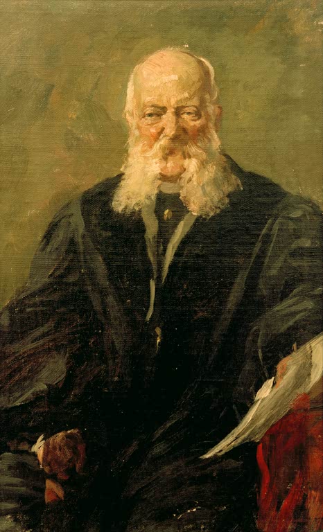 Älterer Herr mit weißem Vollbart in schwarzer Robe hält ein Blatt Papier – Ferdinand Brütt Studie eines Juristen Kunstkopie