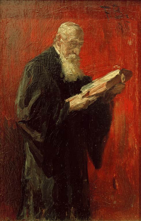 Bärtiger Gelehrter in dunkler Robe liest in einem Buch vor rotem Grund – Ferdinand Brütt Studie eines Juristen Kunstkopie