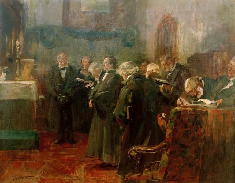 Gemeinde mit Gesangbüchern in einer Kirche vor dem Altar – Ferdinand Brütt Studie Einführung des jungen Pfarrers Kunstkopie