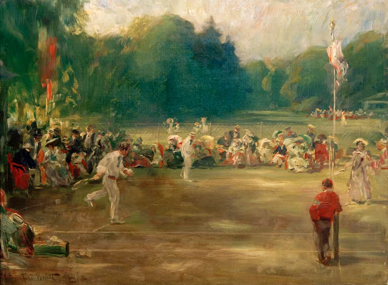 Tennisspieler in Weiß, Zuschauer in hellen Kleidern am Rand – Ferdinand Brütt Tennis-Spiel in Homburg Kunstkopie