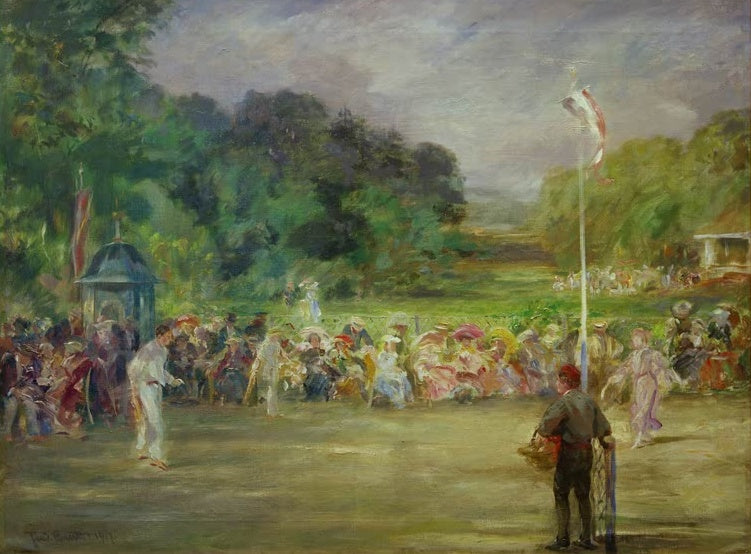 Tennisspiel im Park, Publikum mit Sonnenschirmen, Fahnenmast – Ferdinand Brütt Tennisturnier in Bad Homburg Kunstkopie