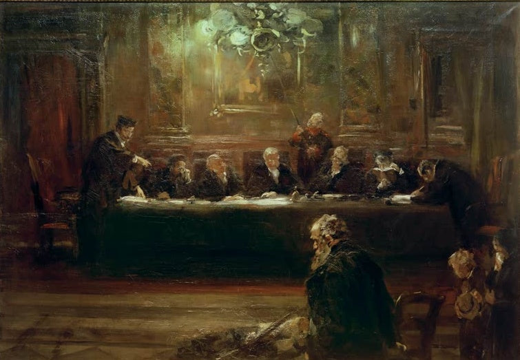 Richter am langen Tisch im Gerichtssaal, im Vordergrund ein bärtiger Mann – Ferdinand Brütt Vor den Richtern Kunstkopie