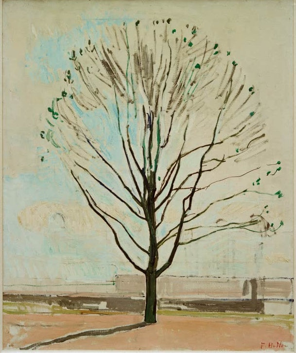 Kahler Baum mit feinem Astwerk und wenigen grünen Trieben vor hellem Himmel – Ferdinand Hodler Der kahle Baum Kunstkopie