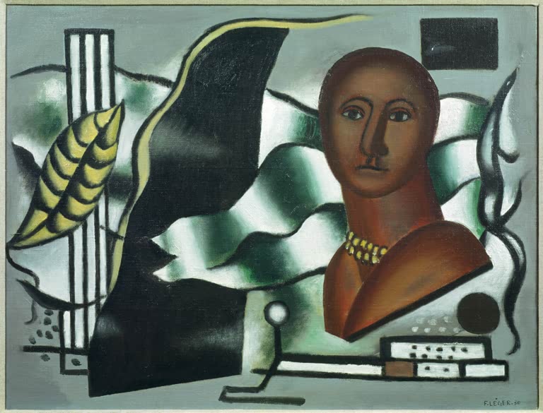 Brauner Frauenkopf mit Perlenkette neben grünen Wellen und Blättern – Fernand Leger Composition avec figure Kunstkopie
