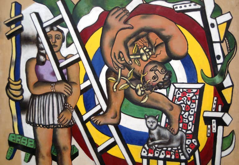Frau mit Leiter, kopfüber hängender Akrobat und Katze vor Farbringen – Fernand Leger Der Akrobat und sein Partner Kunstkopie