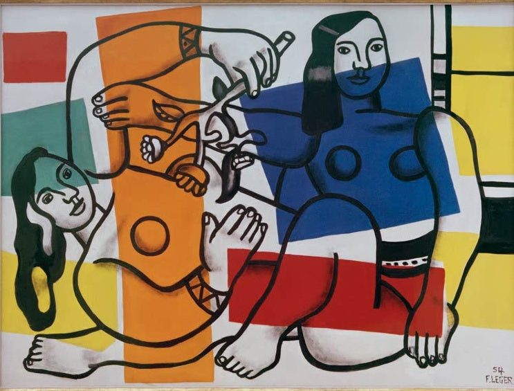 Zwei Frauen mit Blumen vor gelben, blauen und orangen Farbflächen – Fernand Leger Deux femmes tenant des fleurs Kunstkopie