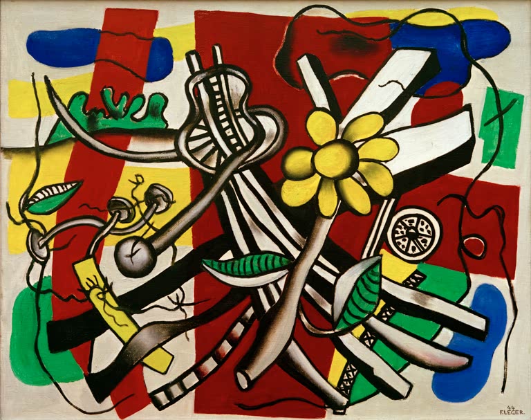 Große gelbe Blume mit Röhren und Blättern vor roten Flächen – Fernand Leger La fleur jaune Kunstkopie
