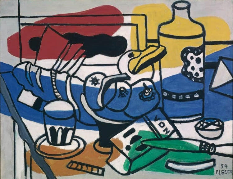 Flasche, Früchte und Glas auf blauem Tisch – Fernand Leger Nature morte aux trois fruits Kunstkopie