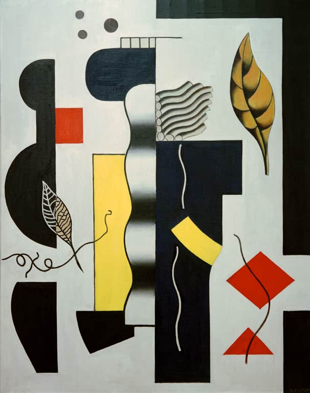 Schwarze, gelbe und rote Formen mit gewelltem Band und Blatt auf hellem Grund – Fernand Leger Nature morte Kunstkopie