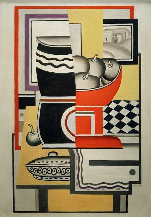 Krug, Schale mit Äpfeln und Dose auf Tisch in Schwarz, Rot, Gelb und Schachbrettmuster – Fernand Leger Stillleben Kunstkopie