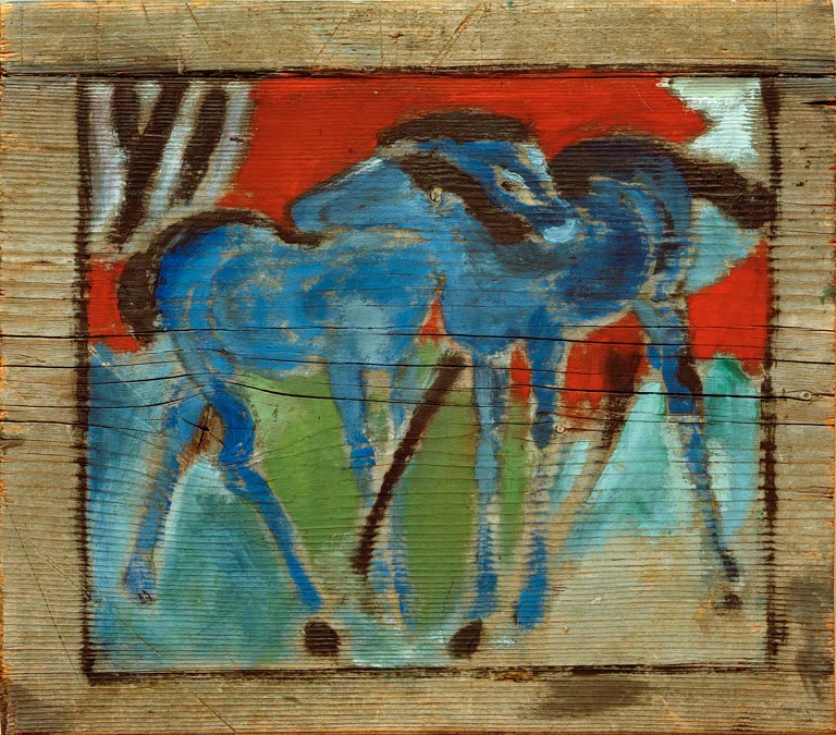Zwei blaue Fohlen vor rotem Grund, gemalt auf Holz – Franz Marc Blaue Fohlen Kunstkopie