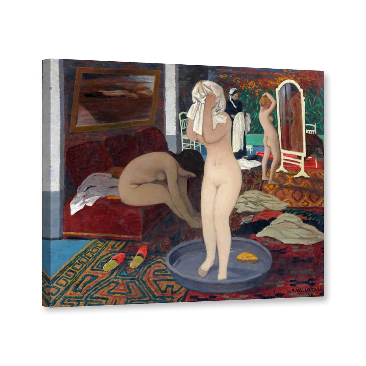 Frauen bei ihrer Toilette, drei Akte im Interieur von Félix Vallotton als Leinwand – Perspektivansicht